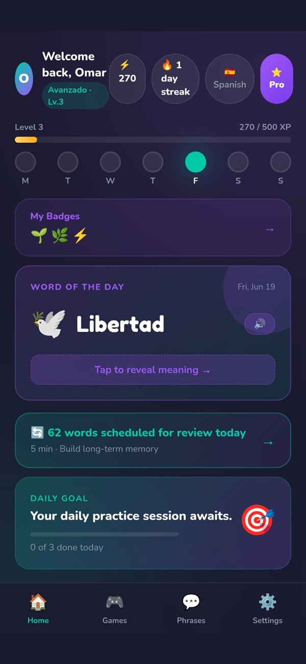 ShakoMako app dashboard showing streak, XP, word of the day and daily goal